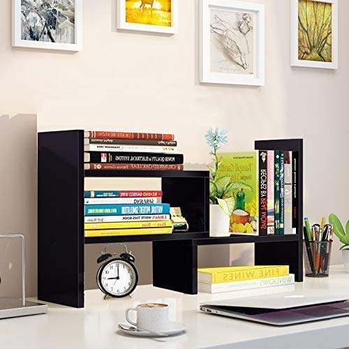 Adjustable Desktop Bookshelf Office Organizer Desk Storage Organizer Display Shelf Rack, Counter Top Bookcase - Black