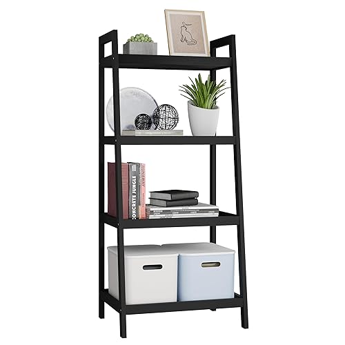 SMIBUY Bamboo Bookshelf, Bathroom Storage Rack Organizer, Plant Flower Display Stand Floor Standing with 4 Tier Open Shelves and Handles (Black) - Black