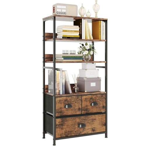 Vermess 4-Tier Bookshelf with 3 Drawers, Vertical Dresser Organizer, Storage Shelf for Books, Photos, Decorations in Living Room, Office, Bedroom,Kitchen, Sturdy Metal Frame,Wood Top，Vintage - Vintage