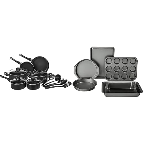Amazon Basics 15-Piece Non-Stick Kitchen Cookware Set + 6-Piece Nonstick Bakeware Set - 15-Piece Set - Cookware Set + Baking Set