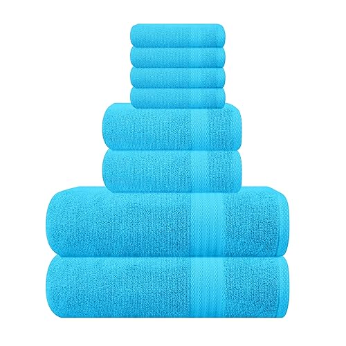 GLAMBURG Ultra Soft 8-Piece Towel Set -100% Pure Ringspun Cotton, Contains 2 Oversized Bath Towels 27x54, 2 Hand Towels 16x28, 4 Wash Cloths 13x13 - Ideal for Everyday use, Hotel & Spa -Turquoise Blue - 8 Piece Towel Set - Turquoise Blue