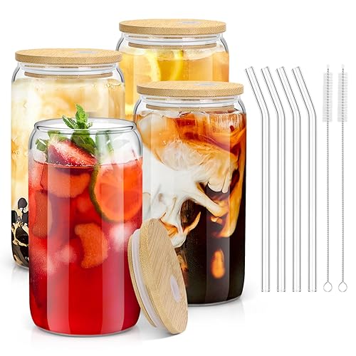 sungwoo Glass Cups with Bamboo Lids and Straws, 16OZ Ice Coffee Cup, Drinking Cup Set with Wooden Lids, Home Essential Glass Tumblers for Beer, Cocktail, Tea and Latte Clear (4) - 4 Pack