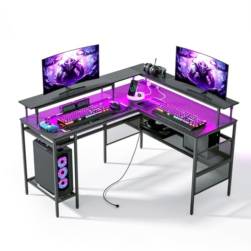 WASAGUN L Shaped Gaming Desk with Power Outlets & LED Lights, Computer Carbon Fiber Surface Desk with Monitor Stand & Storage Shelves, Home Office 55 Inch L Shaped Desk Corner Gaming Desk, Black - Black