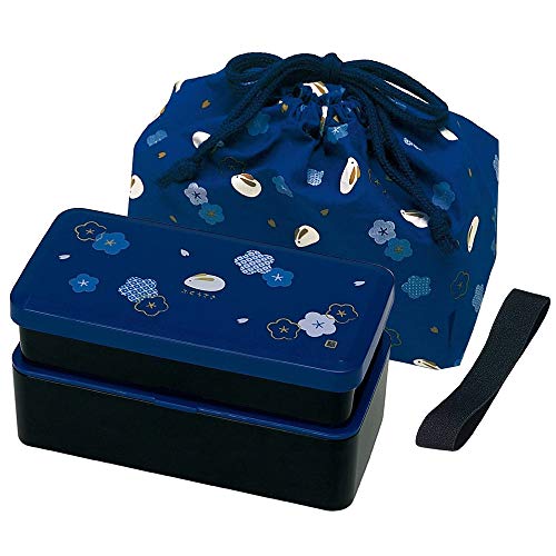 Japanese Traditional Rabbit Blossom Bento Box Set - Square 2 Tier Bento Box, Rice Ball Press, Bento Bag (Blue)