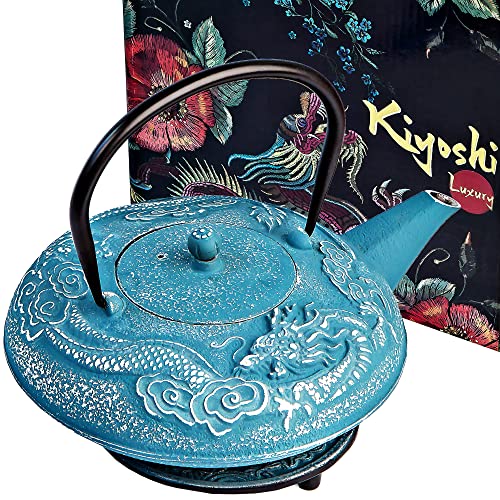 Large Cast Iron Tea Kettle Set - 40oz/1200ml Japanese Teapot with Infuser & Matching Trivet - Tetsubin Iron Tea Pot Japanese Style with Enamel Interior - Handcrafted Dragon Teapot Humidifier - Blue - Blue