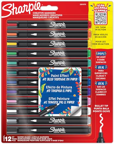 Sharpie Creative Marker Acrylic Paint Pens | Water-Based Paint Markers | No-Bleed Ink Writes on Most Surfaces | Bullet Tip | School & Revision Supplies | Assorted Colours | 12 Count - Creative Markers - 1 count (Pack of 12)