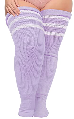 Plus Size Womens Thigh High Socks for Thick Thighs- Extra Long Striped Thick Over the Knee Socks- Leg Warmer Boot Socks - Large Plus - Light Purple & White