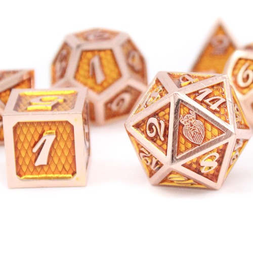 HEIMDALLR Metal DND Dice Set 7 pcs - Dragonhide Design, 16mm Size, Logo on D20; Metal Dice Set & Dice Box; D&D Dice Set D&D (Dungeons and Dragons Dice Set) - Jormungandr Series (Jin Long) - 17 Jin Long