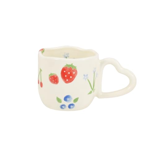 Koythin Ceramic Coffee Mug, Novetly Printed Flower Cup with Heart Shaped Handle for Office and Home, 8.5 oz/250 ml for Latte Tea Milk (Strawberrys and Blue Flowers) - Strawberrys and Blue Flowers