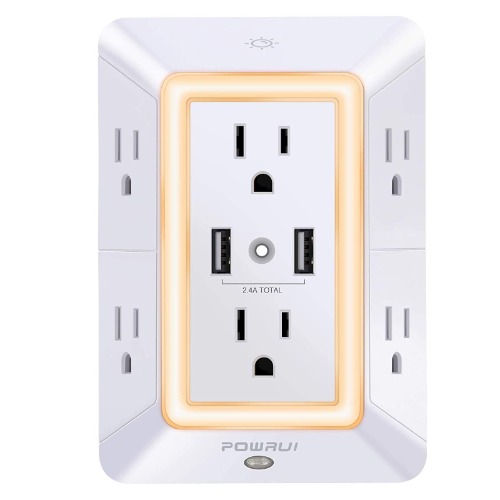 USB Wall Charger, Surge Protector, POWRUI 6-Outlet Extender with 2 USB Charging Ports (2.4A Total) and Night Light, 3-Sided Power Strip with Adapter Spaced Outlets - White，ETL Listed - 2U