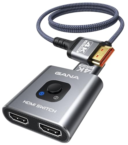 HDMI Switch 4K@60Hz Splitter【with 3FT HDMI Cable】, GANA Aluminum Bidirectional HDMI Switcher 2 in 1 Out, HDMI Hub for 3D, HDR, Compatible with Xbox, PS5/4/3,Fire Stick,Roku,Blu-Ray Player - Gray with 3Ft Cable