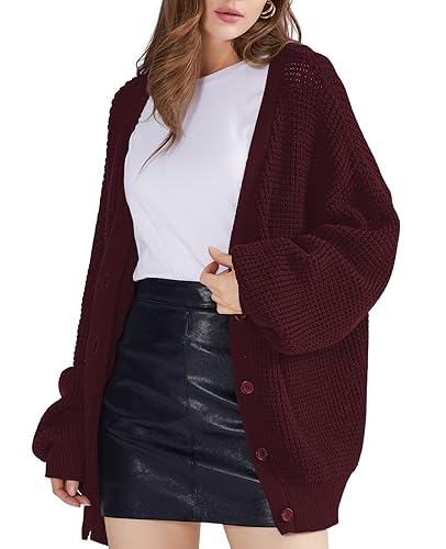 QUALFORT Women's Cardigan Sweater 100% Cotton Button-Down Long Sleeve Oversized Knit Cardigans - Wine Red - Large