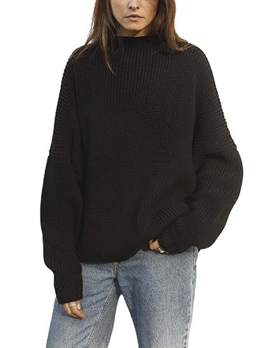 Ugerlov Women's Oversized Sweaters Batwing Sleeve Mock Neck Jumper Tops Chunky Knit Pullover Sweater - Large-X-Large - 03-black