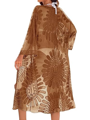 Blooming Jelly Womens Bathing Suit Cover Up 3/4 Sleeve Mesh Swimsuit Coverup Long Floral Beach Lace Kimono Summer Cardigan - Brown