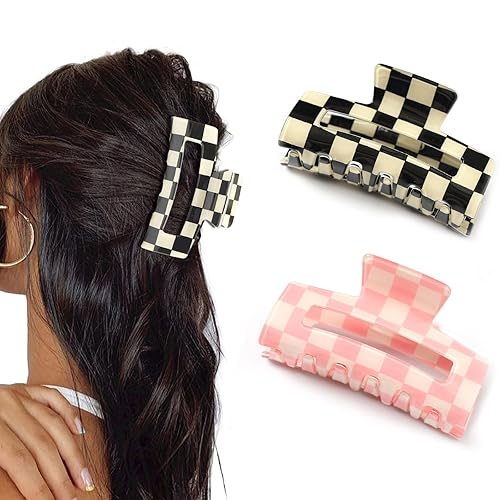 Paderison 2Pcs Checkered Rectangle Multicolored Claw Barrettes - Strong Hold Y2K Hair Accessories for Thin and Thick Hair (Pink Black) - Pink