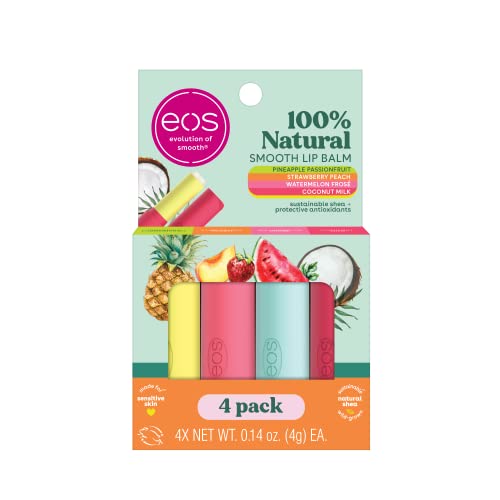 eos 100% Natural Variety Pack Lip Balm Sticks, Coconut Milk, Watermelon Frose, Pineapple Passionfruit, & Strawberry Peach, Lip Care, Pack of 4 - Coconut Milk, Watermelon Frose, Pineapple Passionfruit, Strawberry Peach