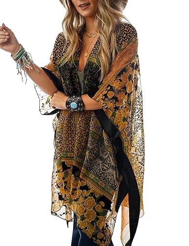 Burnout Velvet Kimono Long Cardigan Cover Up Without Tassel (Tan Patch)