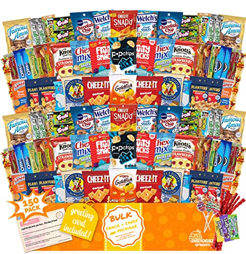Snack Box Care Package (150) Variety Snacks Gift Box Bulk Snacks -valentines day College Students, Military, Work or Home - Over 9 Pounds of Snacks! Snack Box Fathers gift basket gifts for men