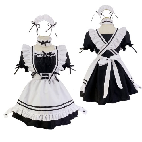 CarolynDesign Japanese Girl Anime Cosplay Costume Maid Ladies French Apron Apparel Set Sailor School JK Clothing - Small Black