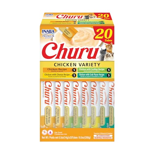 INABA Churu Cat Treats, Lickable, Squeezable Creamy Purée Cat Treat with Green Tea Extract & Taurine, 0.5 Ounces Each Tube, 20 Tubes, Chicken Variety Box - Chicken Variety - 0.5 Ounce (Pack of 20)