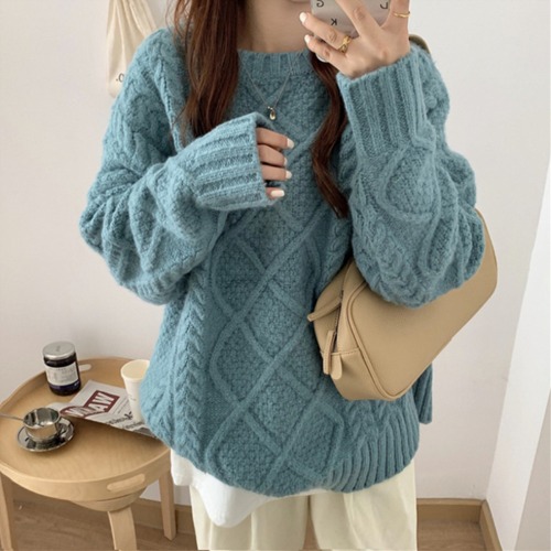 Womens Round Neck Cable Knit Batwing Sweater - Blue
