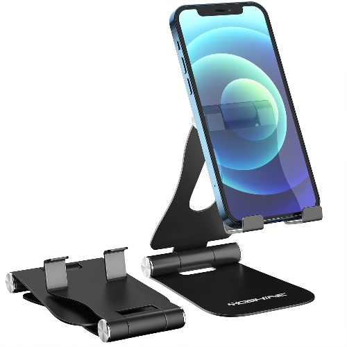 Phone Stand Adjustable, YOSHINE iPhone Stand for Desk, Foldable Mobile Phone Stand iPad Tablet Stand, Portable Aluminum Stand Holder Dock for Kindle, iPad Air Mini, iPhone All Smart Phones - Black