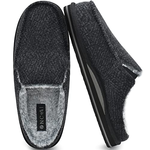 ONCAI Mens Clog Slippers with Arch Support Stripe Faux Fur Cotton-Blend High-Density Memory Foam Warm House Slippers Slip-on Indoor Outdoor Rubber Sole Size 7-16 - 14 - Black
