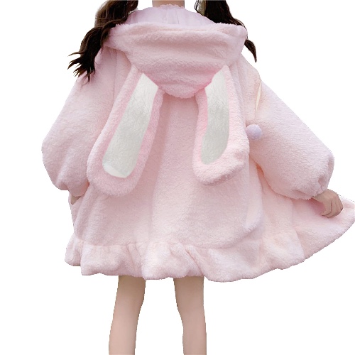 Women Cute Bunny Ear Long Sleeve Fuzzy Fluffy Rabbit Tops Sweatshirt Hoodie Jacket Coats - Small Pink