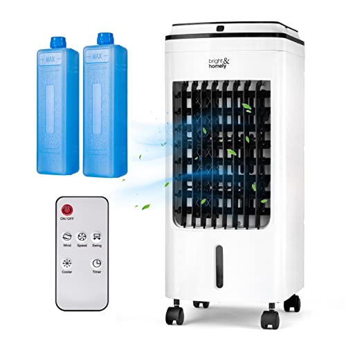 Portable Evaporative Air Cooler, 4L Air Conditioner with Remote Control Cooling Fan AC Unit with 3 Speed Settings and 2 Ice Boxes, 7.5 Hour Timer, 360 ° Wheels for Home,Office
