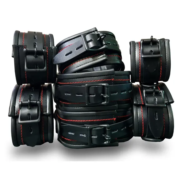7 Piece Genuine leather Restraints set with Black hardware and Red Thread .