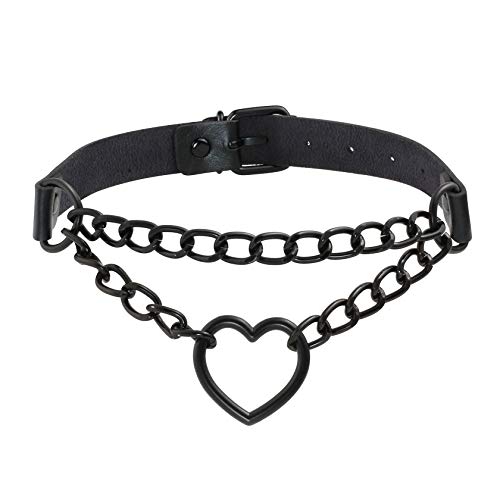 MILAKOO PU Leather Punk Choker Necklaces Circle/Heart Charm Adjustable Collar Necklace for Women - Black Chain, Black - Heart Pendant