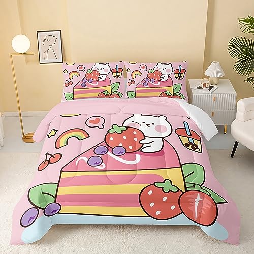 QOOMO Kawaii Bear Comforter Full size, Pink Bear Comforter Set