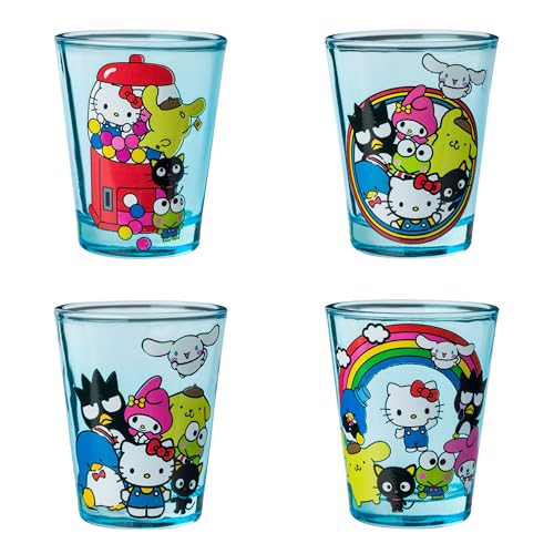 Silver Buffalo Sanrio Hello Kitty and Friends Featuring My Melody, Keroppi, Chococat, Pompompurin, Tuxedo Sam, Cinnamoroll, and Badtz-Maru 4 Pack Mini Glass Set, 1.5 Ounces - Sanrio Group Shot