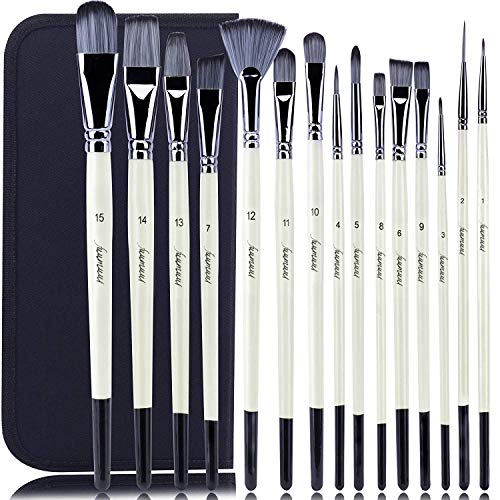 Artist Paint Brush Set-15pcs Professional Paint Brushes for Acrylic Painting Watercolor Oil Gouache for Artists, Adults & Kids Includes Pop-Up Carrying Case - White