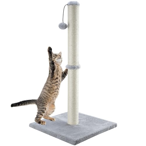 Dimaka 34 inch Tall Ultimate Cat Scratching Post, Claw Scratcher with Sisal Rope and Covered with Soft Smooth Plush, Vertical Scratch [Full Stretch], Modern Stable Design for Cats(Grey V2) - Grey