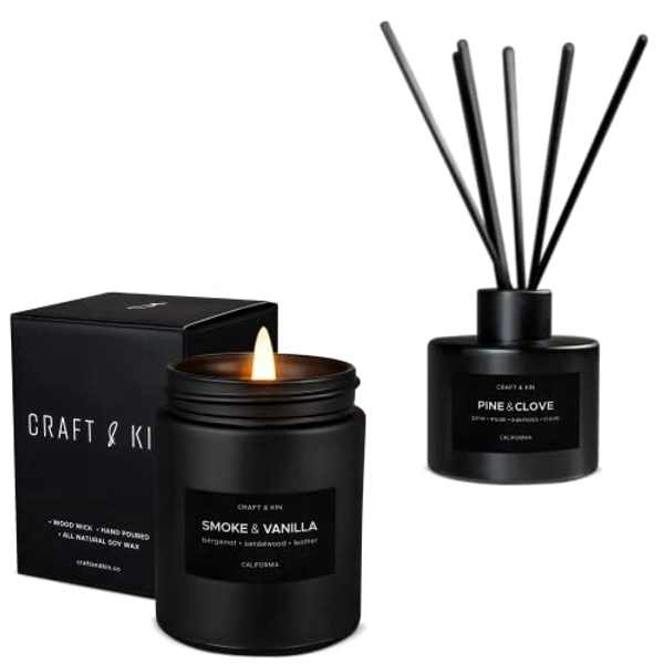 Scented Candle & Reed Diffuser Set for Home Fragrance | Smoke & Vanilla Scented Candle for Men with Pine & Clove Fragrance Diffuser | Soy Candles for Home Scented Reed Diffusers with Sticks