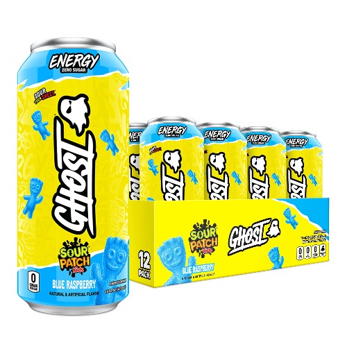 GHOST ENERGY Sugar-Free Energy Drink - 12-Pack, SOUR PATCH KIDS Blue Raspberry, 16oz - Energy & Focus & No Artificial Colors - 200mg Natural Caffeine, L-Carnitine & Taurine - Soy & Gluten-Free, Vegan - SOUR PATCH KIDS Blue Raspberry