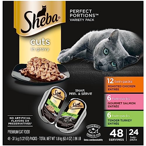 SHEBA PERFECT PORTIONS Cuts in Gravy Adult Wet Cat Food Trays (24 Count (pack of 2), 48 Servings), Roasted Chicken, Gourmet Salmon and Tender Turkey Entrée, Easy Peel Twin-Pack Trays - 24 Count(Pack of 2)