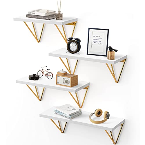 Fixwal 4 Set White Floating Shelves Wall Shelves , Shelves for Wall Decor, White Wall Shelves with Golden Metal Brackets for Bedroom, Living Room, Bathroom, Kitchen, Office Decor - A-golden and White
