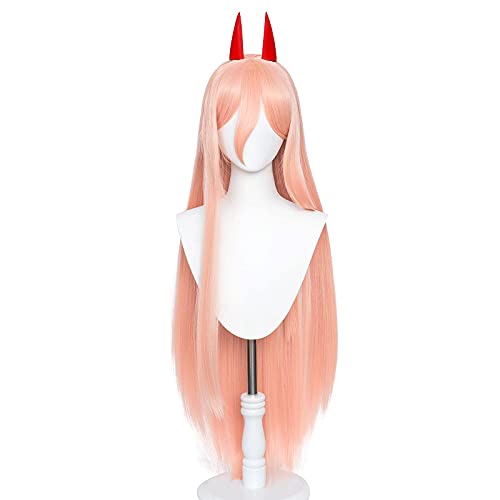 Uniquebe Long Straight Pink Cosplay Wig with Horn Hairpins, Women Girls Anime Wigs + Free Wig Cap Cos Prop Accessory for Halloween Party - Pink
