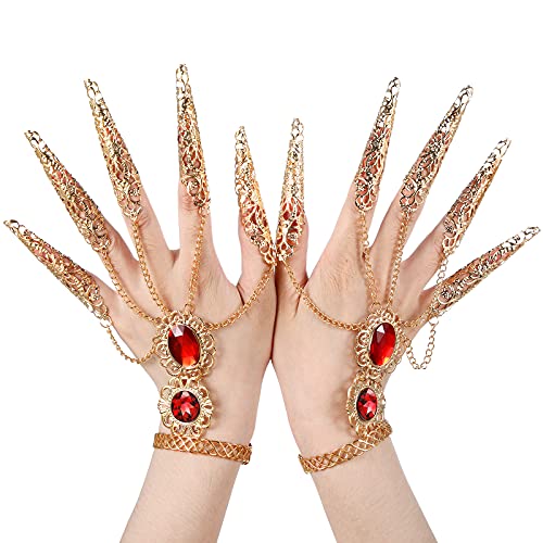 Maitys 2 Pieces Gold Bracelets Inlaid with Acrylic Women Belly Dance Gypsy Egyptian Bracelet with Finger Nails for Halloween Costume - Ruby