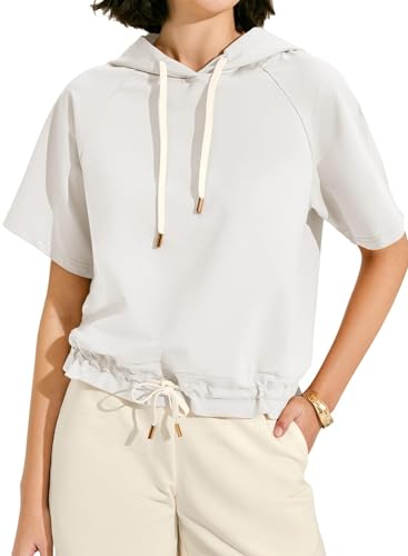 MIHOLL Womens Summer Hoodies Short Sleeve Casual Sweatshirts Workout Drawstring Pullover Tops -m