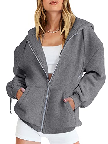 Womens Zip Up Hoodies Long Sleeve Oversized Sweatshirt - Grey