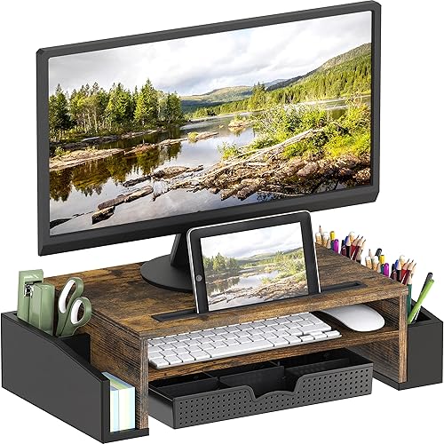 Desk Monitor Stand Riser with Adjustable Organizer Tray - Rustic Brown