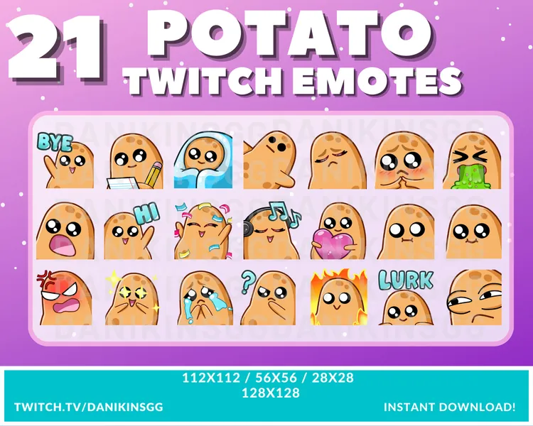 21 CUTE POTATO Twitch Emotes | Emote Pack | Potato Emotes | Kawaii Potato