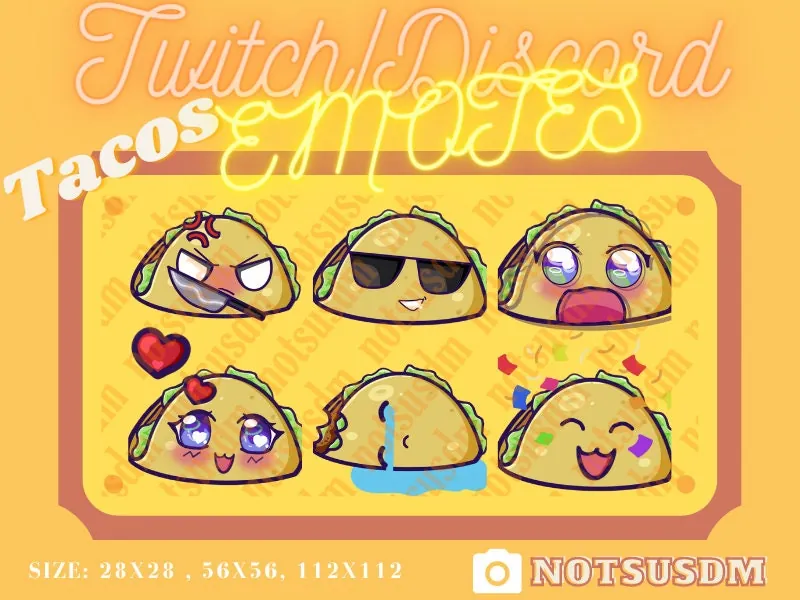 Taco Emotes for Twitch or Discord 3 sizes, 6 emotes