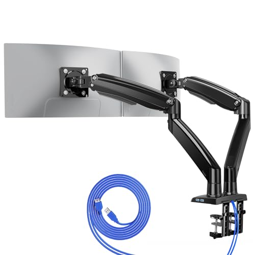 HUANUO Dual Monitor Stand for 13 to 35 inch, Premium Dual Monitor Mount with USB, Height Adjustable Stands for 2 Monitors VESA Bracket with Clamp/Grommet Base, Each Arm Hold up to 26.4lbs