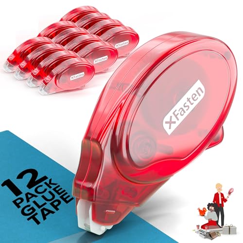 XFasten Adhesive Roller for Scrapbooking, 8mm x 30ft 12-Pack Double Sided Glue Tape Roller Scrapbook Supplies for Adults, Photo Tape for Scrapbooking - 12-Pack, 0.3-inch by 360-Inch - Red Shell (Clear Tape)