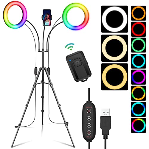 Dual 8" RGB Selfie Ring Light with Stand and Phone Holder, 76" Extendable Light Stand & Dimmable 29 Colors of Double LED Circle Lights for TikTok/Live Stream/Makeup/YouTube - Double 8"