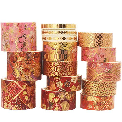 YUBBAEX Splendid Gold Washi Tape Set Embroidery Pattern Foil Decorative Tapes for Arts, DIY Crafts, Bullet Journal Supplies, Planners, Scrapbook, Card/Gift Wrapping -15 Rolls- (Fierce Flowers) - Fierce Flowers